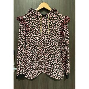 Sandy Liang Hoodie Women's Large‎ Black Pink Cotton Floral Puff Sleeve Pullover